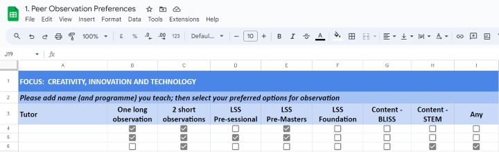 Table in Google sheets reads: focus: creativity, innovation and technology. Please add name and programme you teach then select your preferred options for observation.